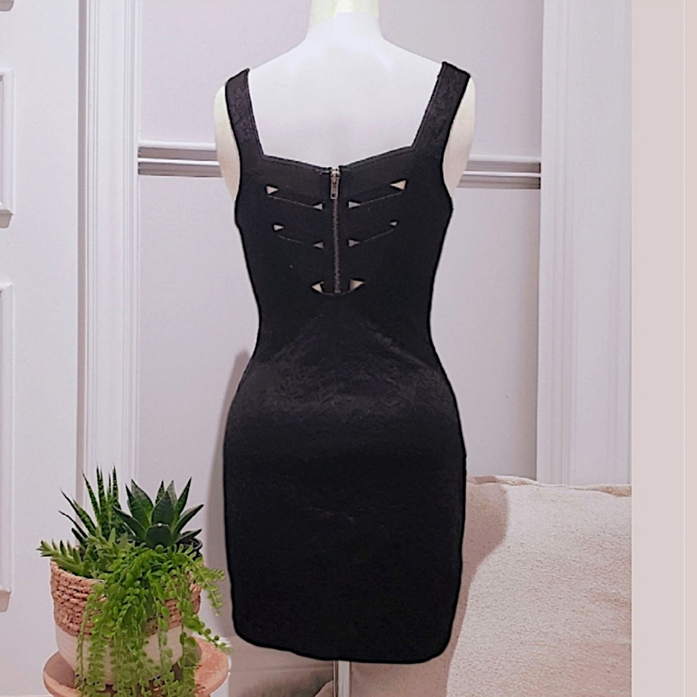 Material Girl Strappy Cross-over Back Lace Floral Black Lace Dress